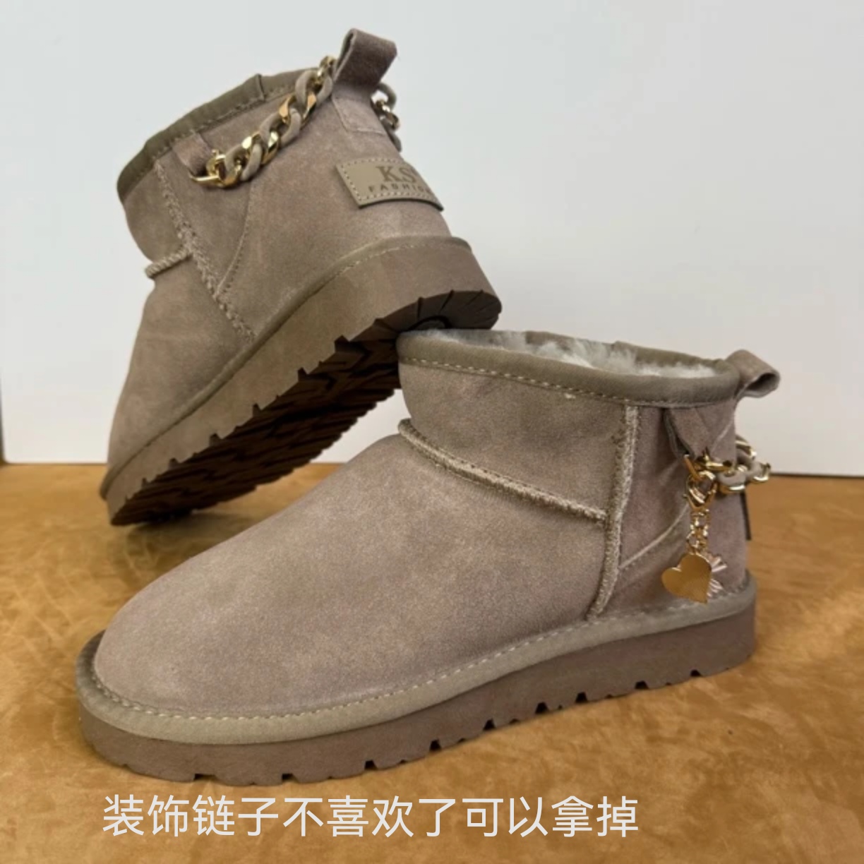 福利机车个性雪地靴女短筒链条真皮真毛冬季厚保暖棉鞋潮迷你短靴