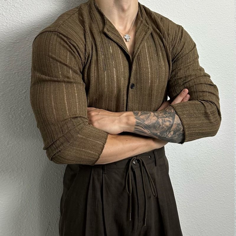 韩版男装纯色镂空圆领宽松休闲百搭镂空开衫男士港风文艺百搭上衣