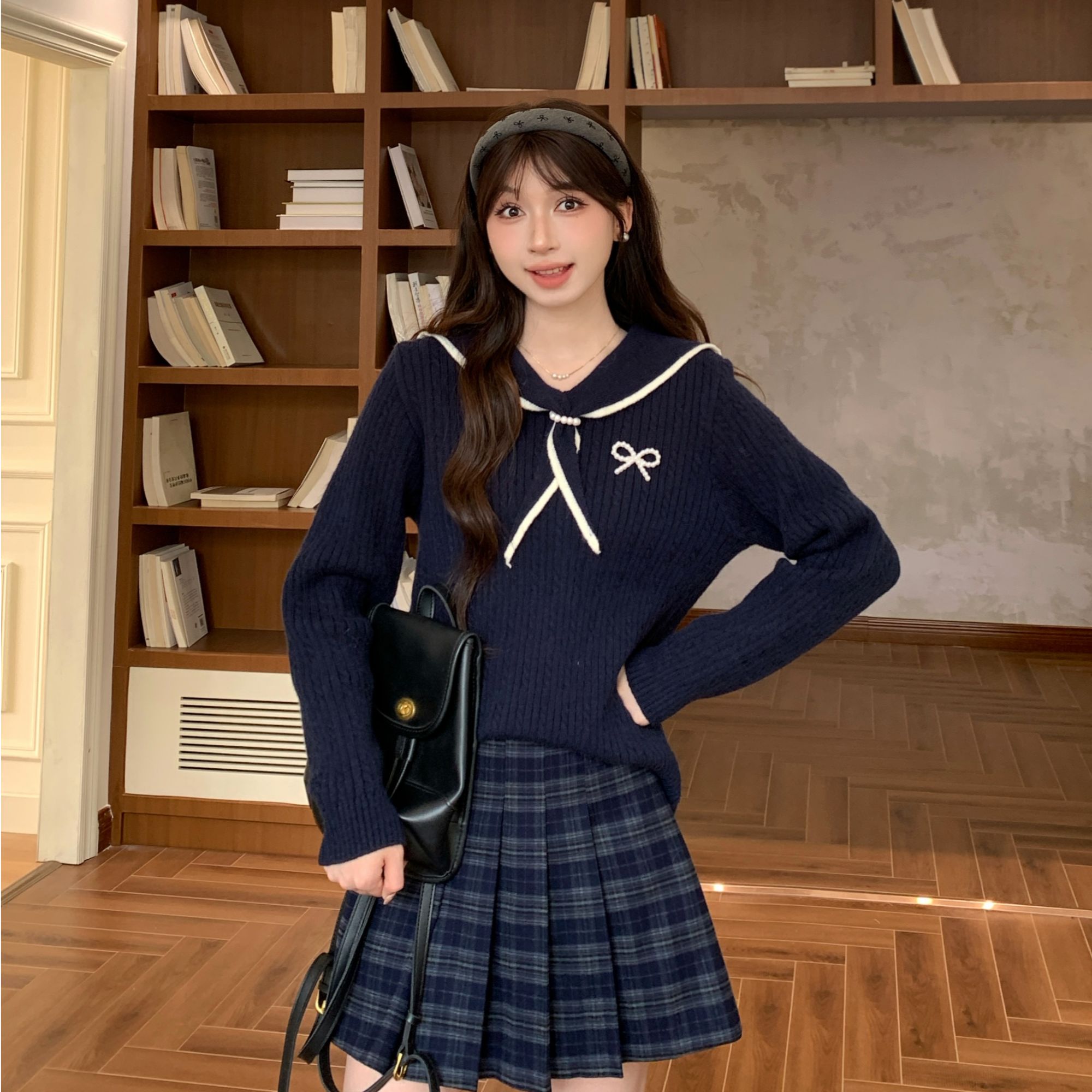 法式小香风海军领长袖针织开衫女2025秋季新款时尚百搭上衣