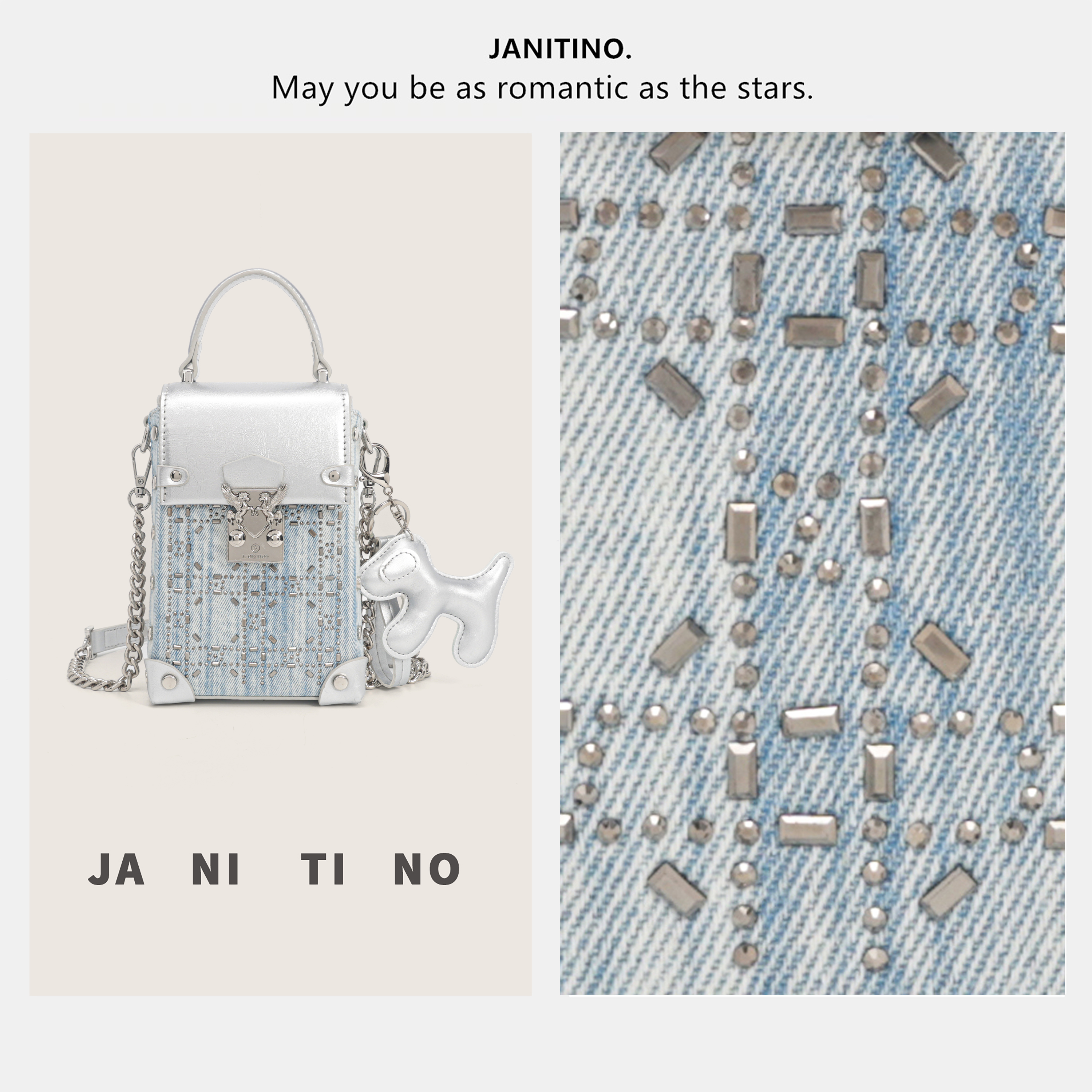 JANITINO/佳妮蒂诺姗姗家当季新款小香风链条手机包8680牛仔银