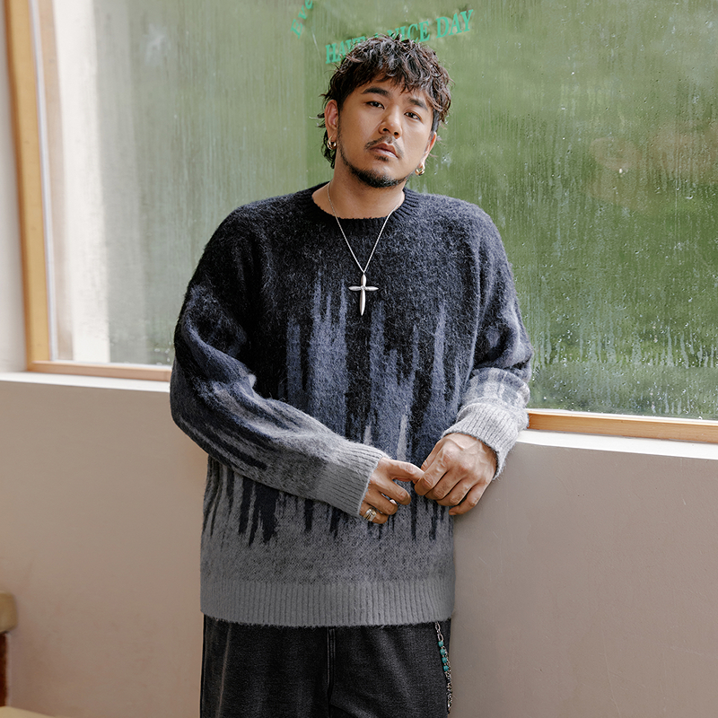 NMAX大码潮牌男装25年冬新款针织渐变提花加厚毛衣慵懒上衣FNE008