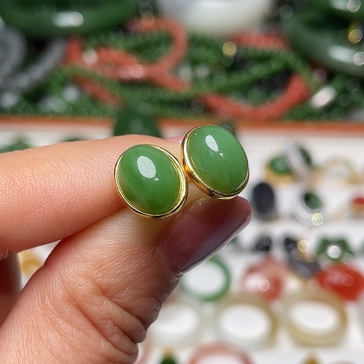 ༺***༻和田玉（碧玉）银S925镶嵌耳饰