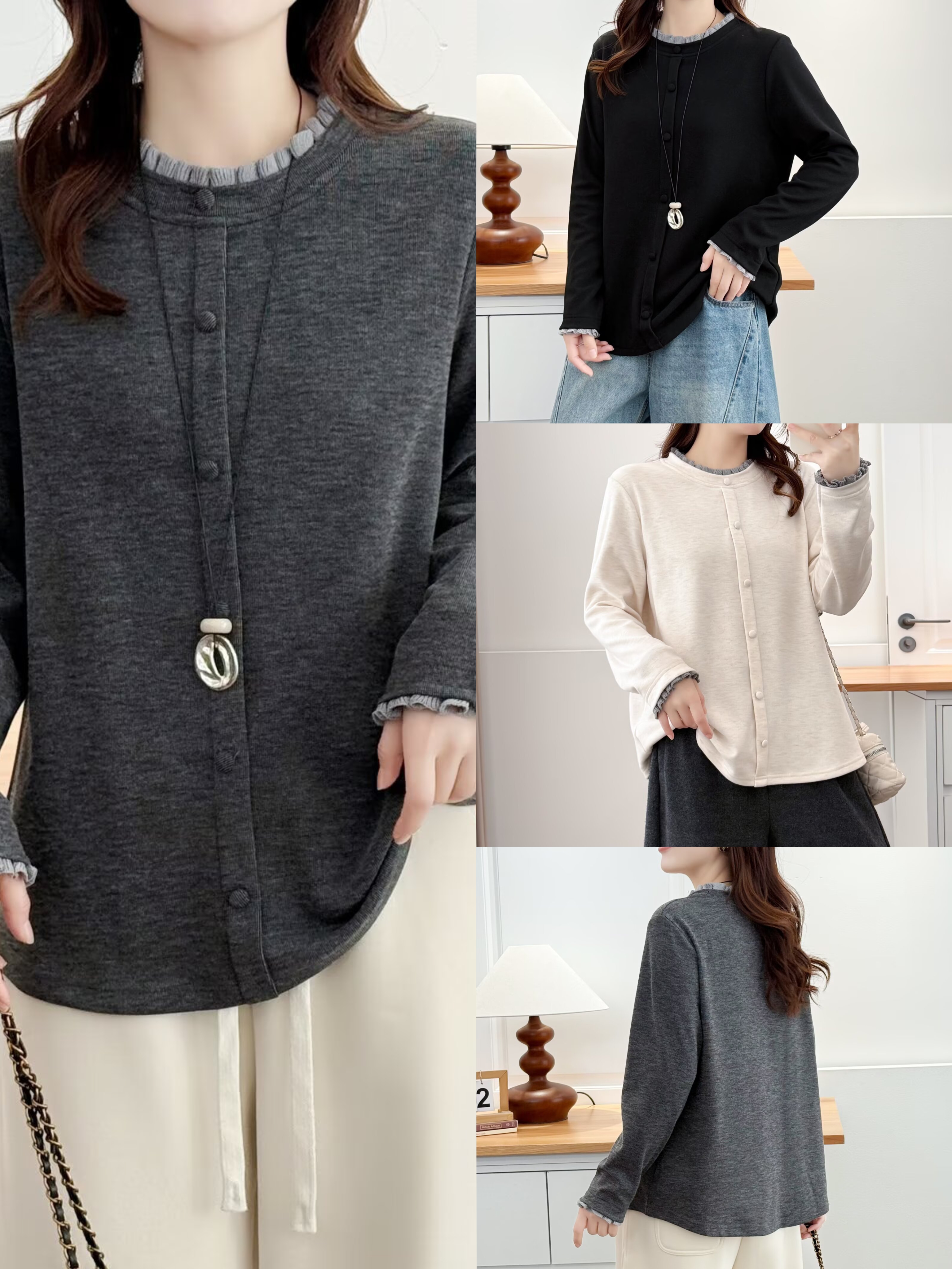 CC大码洋气显瘦少女风慕斯绒保暖打底花边领纯色半高领木耳领上衣