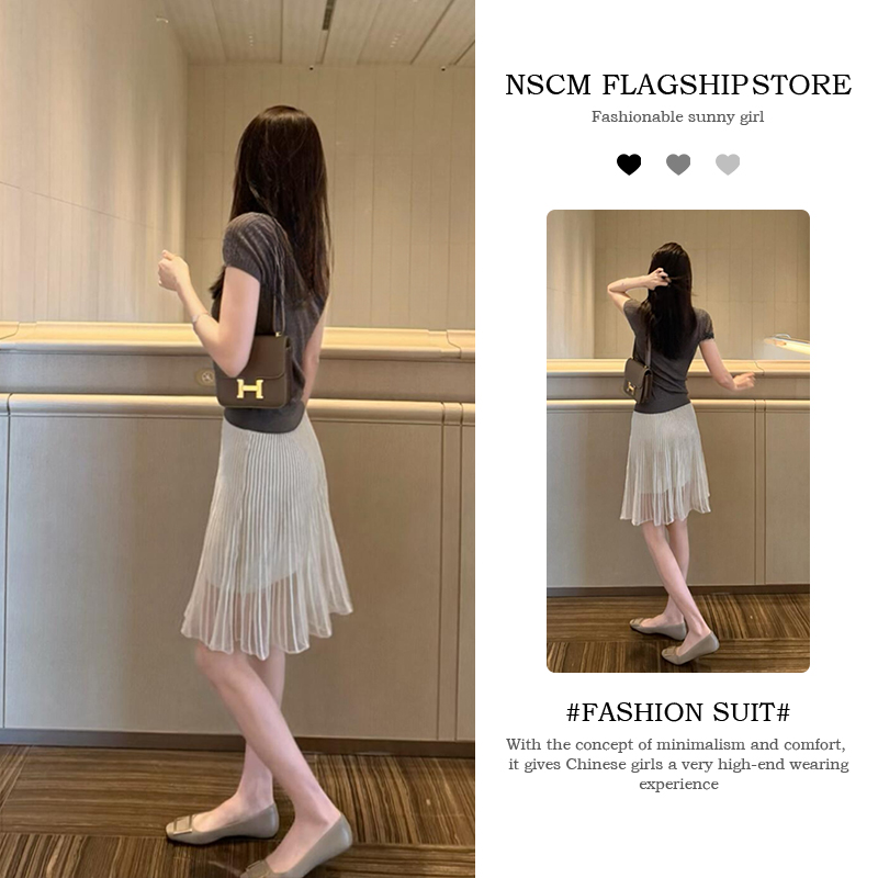 NSCM夏季高级感穿搭法式温柔气质通勤修身显瘦上衣搭配百褶半身裙商品图