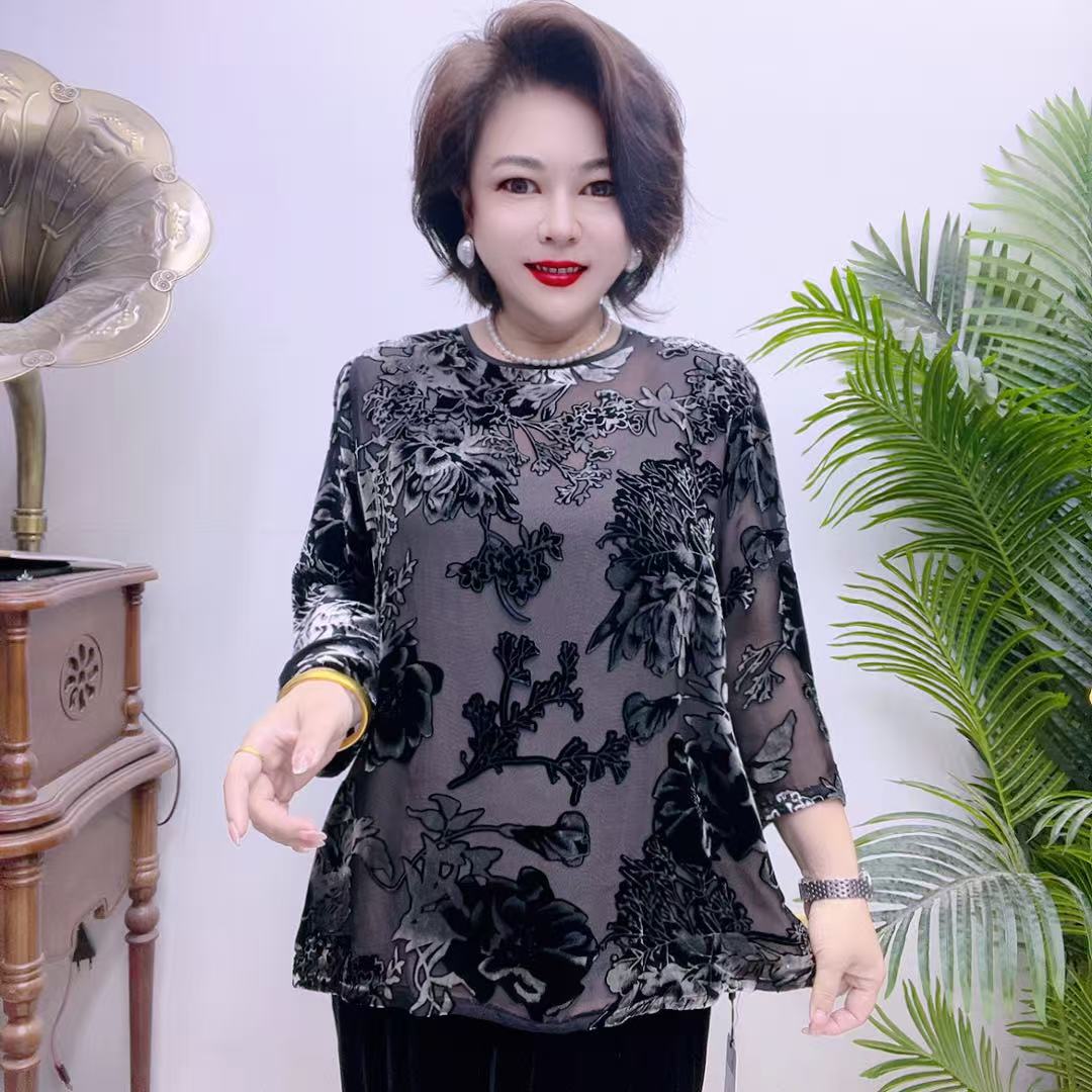 桑蚕丝植绒烧花上衣88A6147-4479
