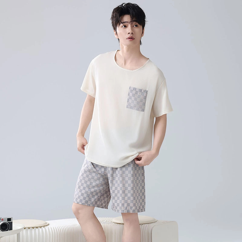 2025新款男士棉绸睡衣套装夏季薄款透气短袖人造棉可外穿家居服