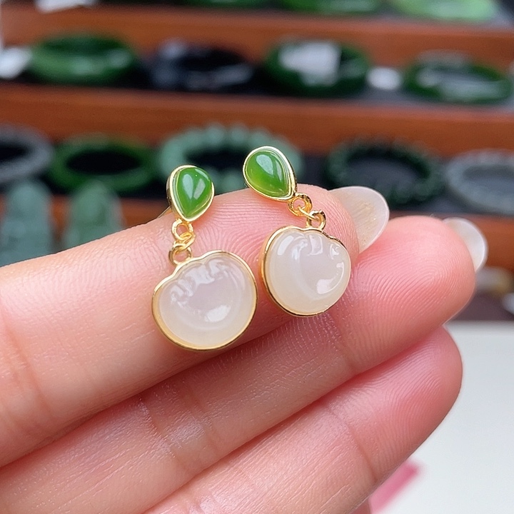 和田玉耳饰银S925镶嵌