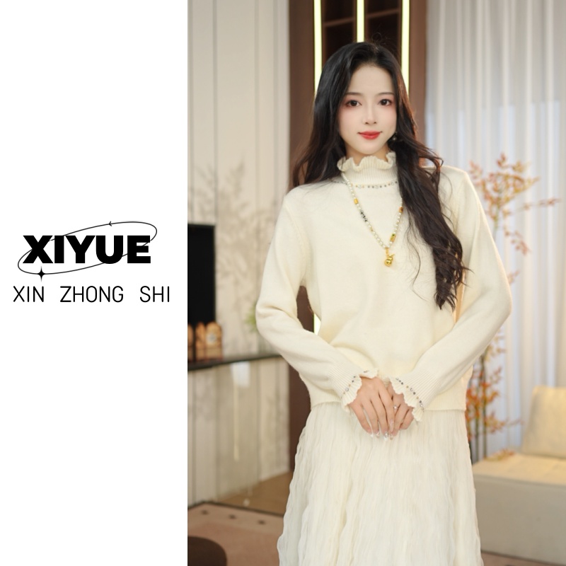 【云朵】钉珠木耳花边领针织衫百搭显瘦高领毛衣