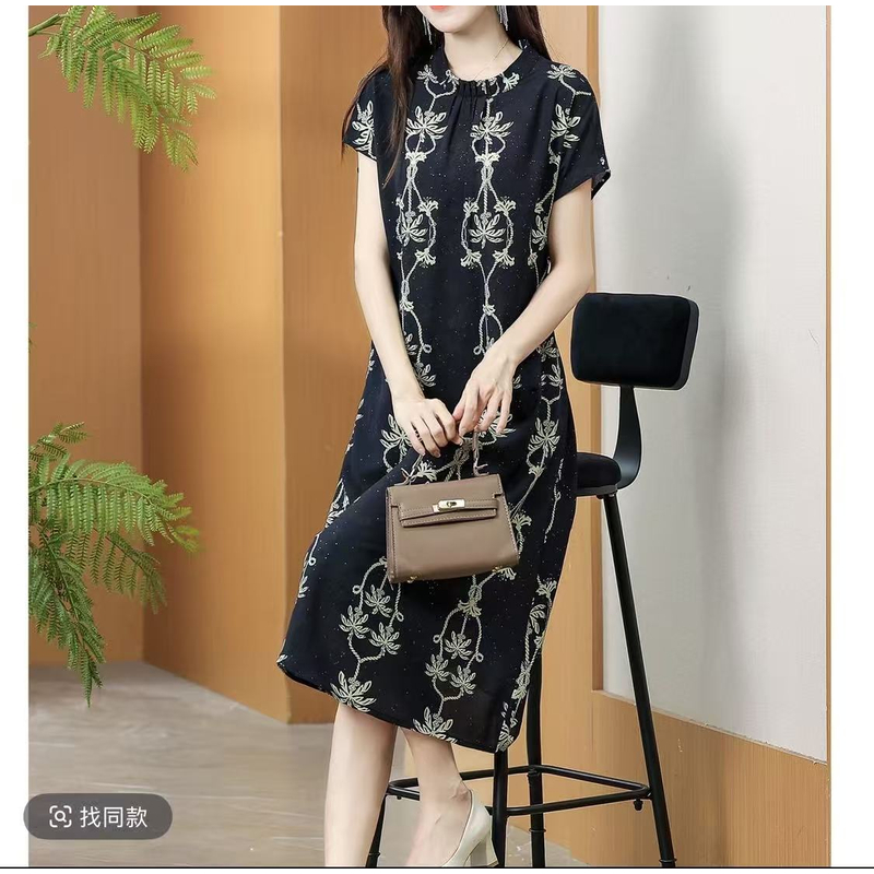 黑金藤蔓 夏季时尚轻奢亲肤透气中长款连衣裙10038