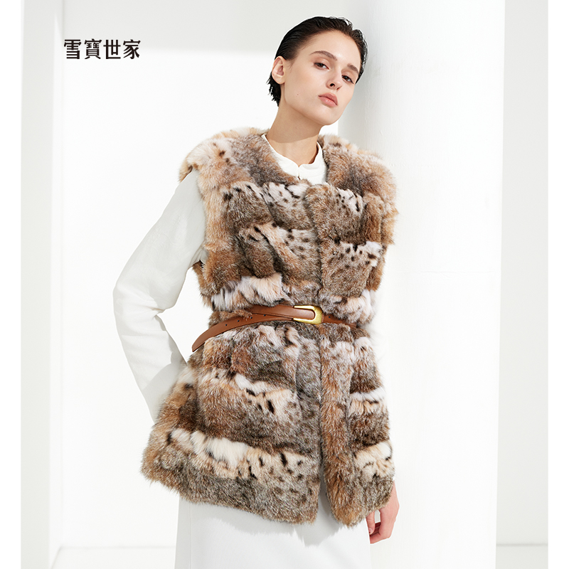 雪宝世家原创 荒原秘棕 进口北美原色猞猁皮草马甲女高奢皮草外套