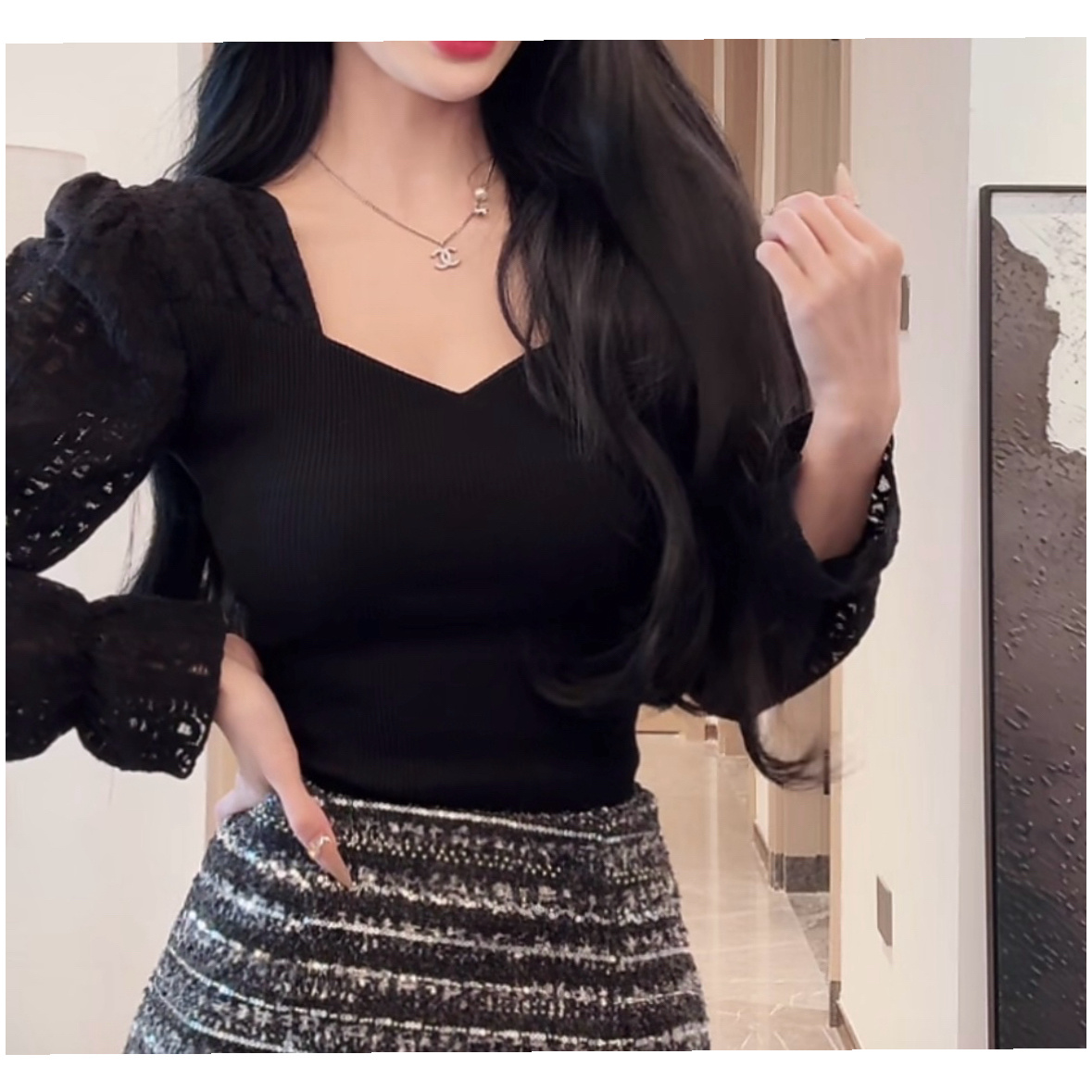 【XU·JING】黑色蕾丝拼接泡泡袖小衫上衣百搭