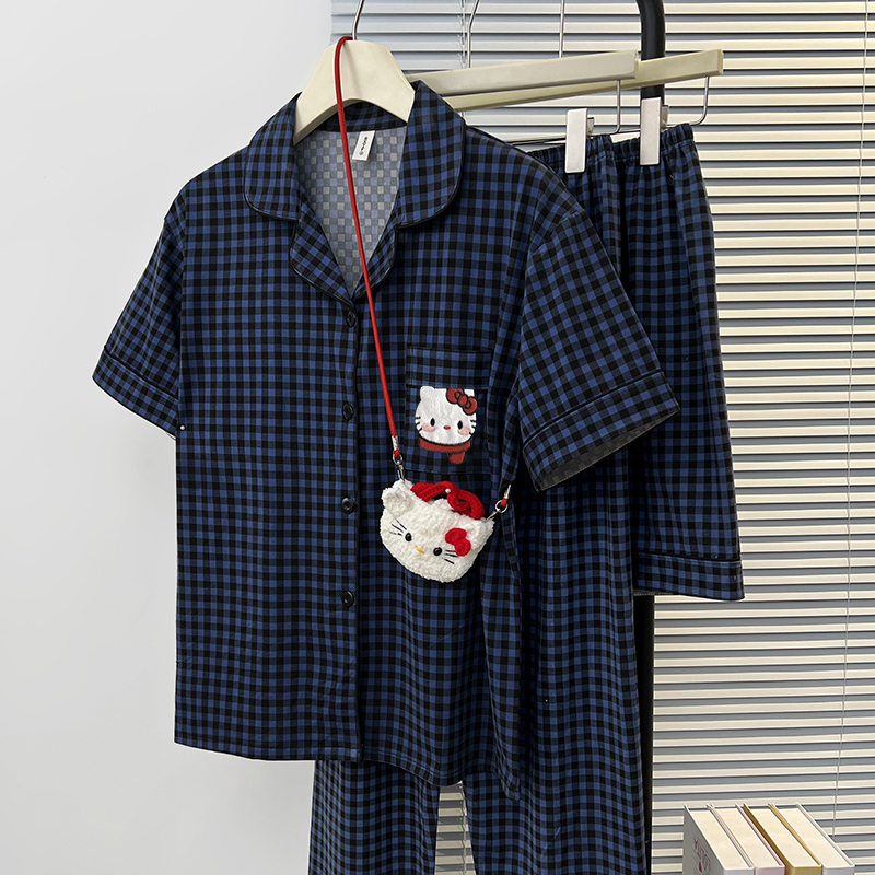 【三件套】2025夏季新款睡衣女翻领简约开衫短袖长裤甜美KT猫家居服