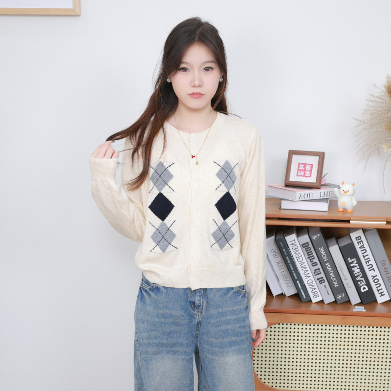 韩系复古风宽松菱形格长袖针织衫女款爆款2025新款秋冬季外套上衣