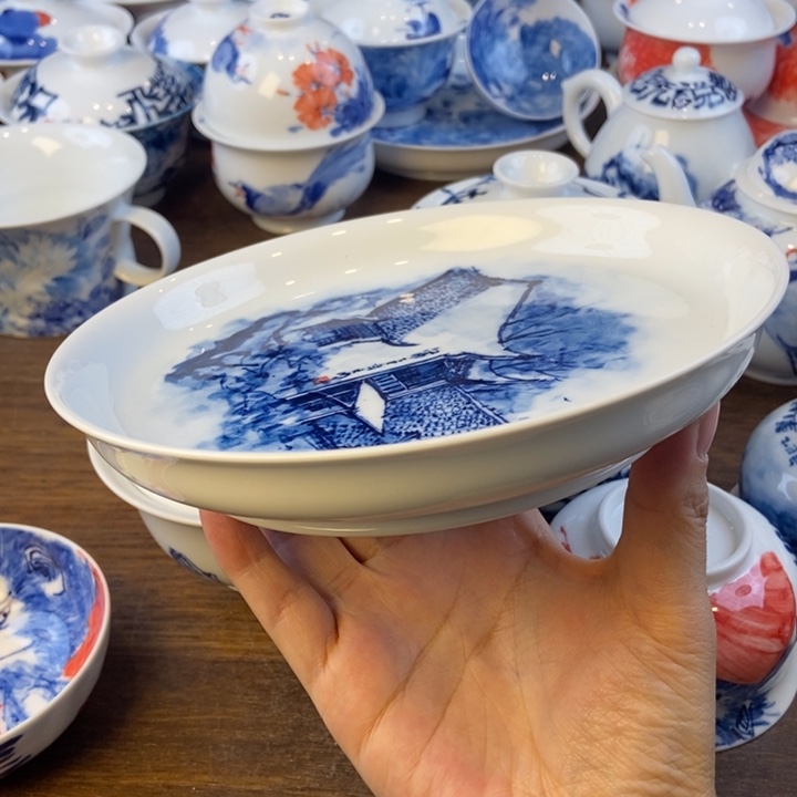 梅***醺瓷片书法山水壶承