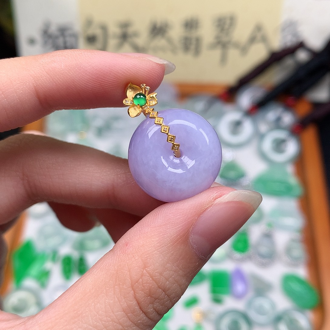 翡翠裸石18K金镶嵌缅甸天然A货翡翠紫罗兰平安扣