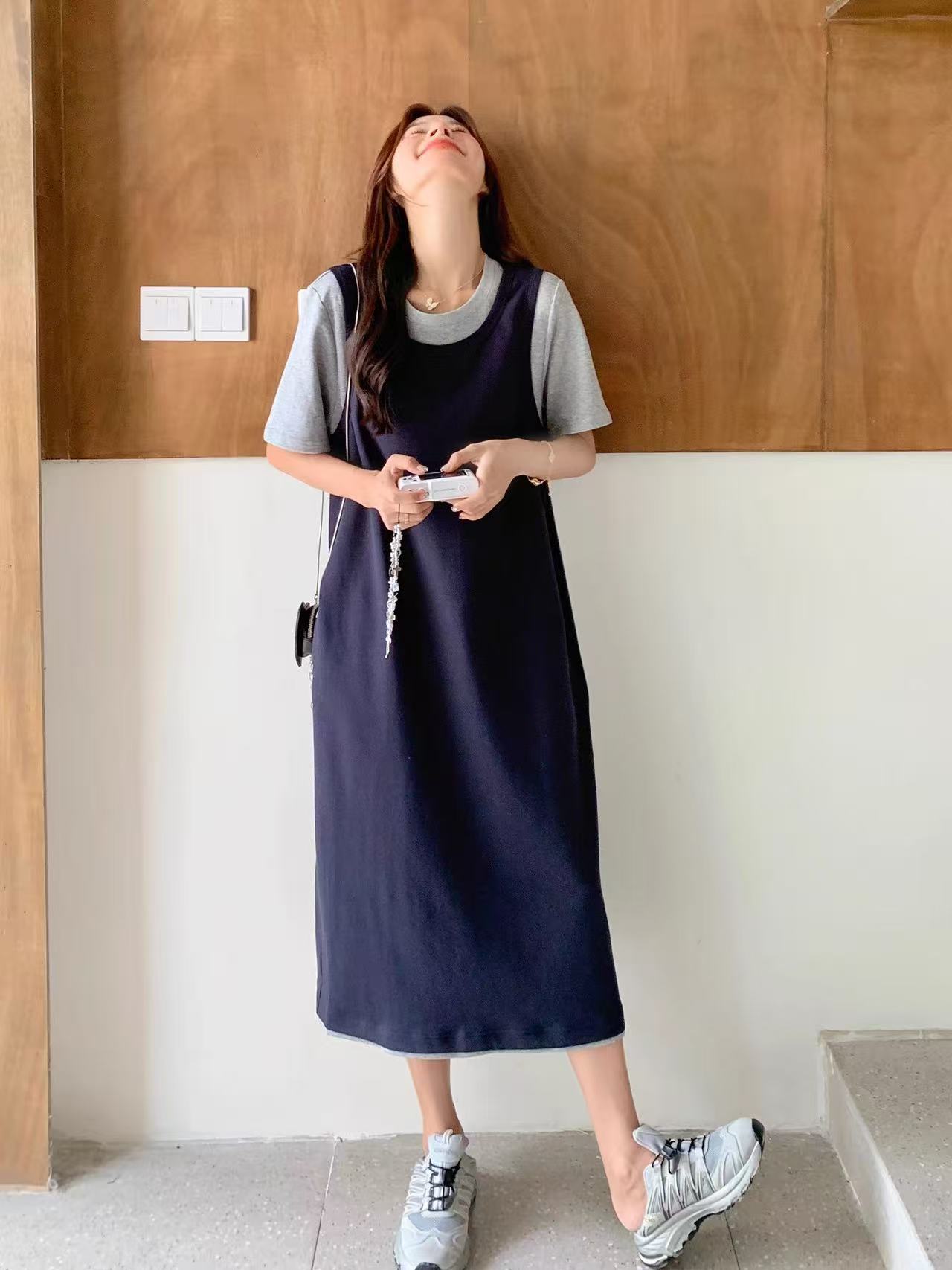 韩系休闲藏青色假两件T裙