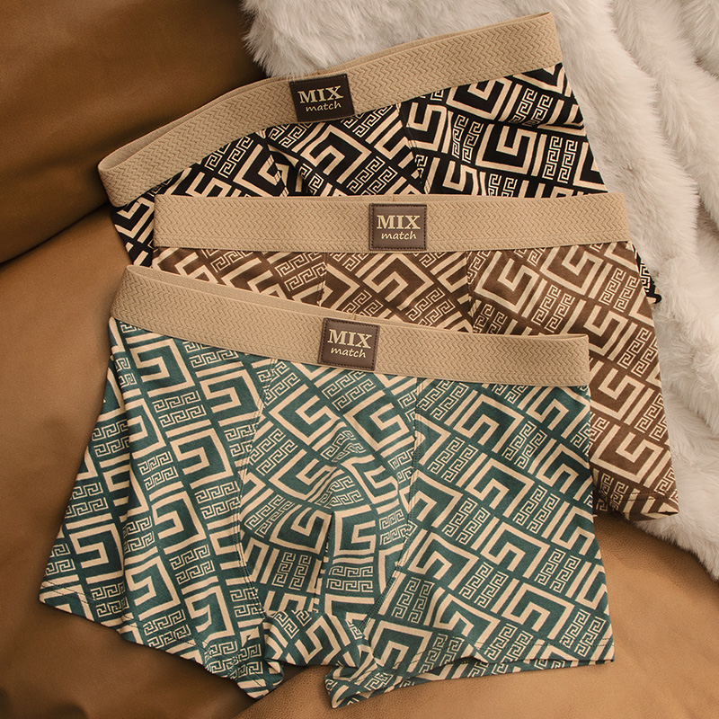 男平角内裤纯棉格纹时尚潮流学生裤头舒适几何透气青年四角裤