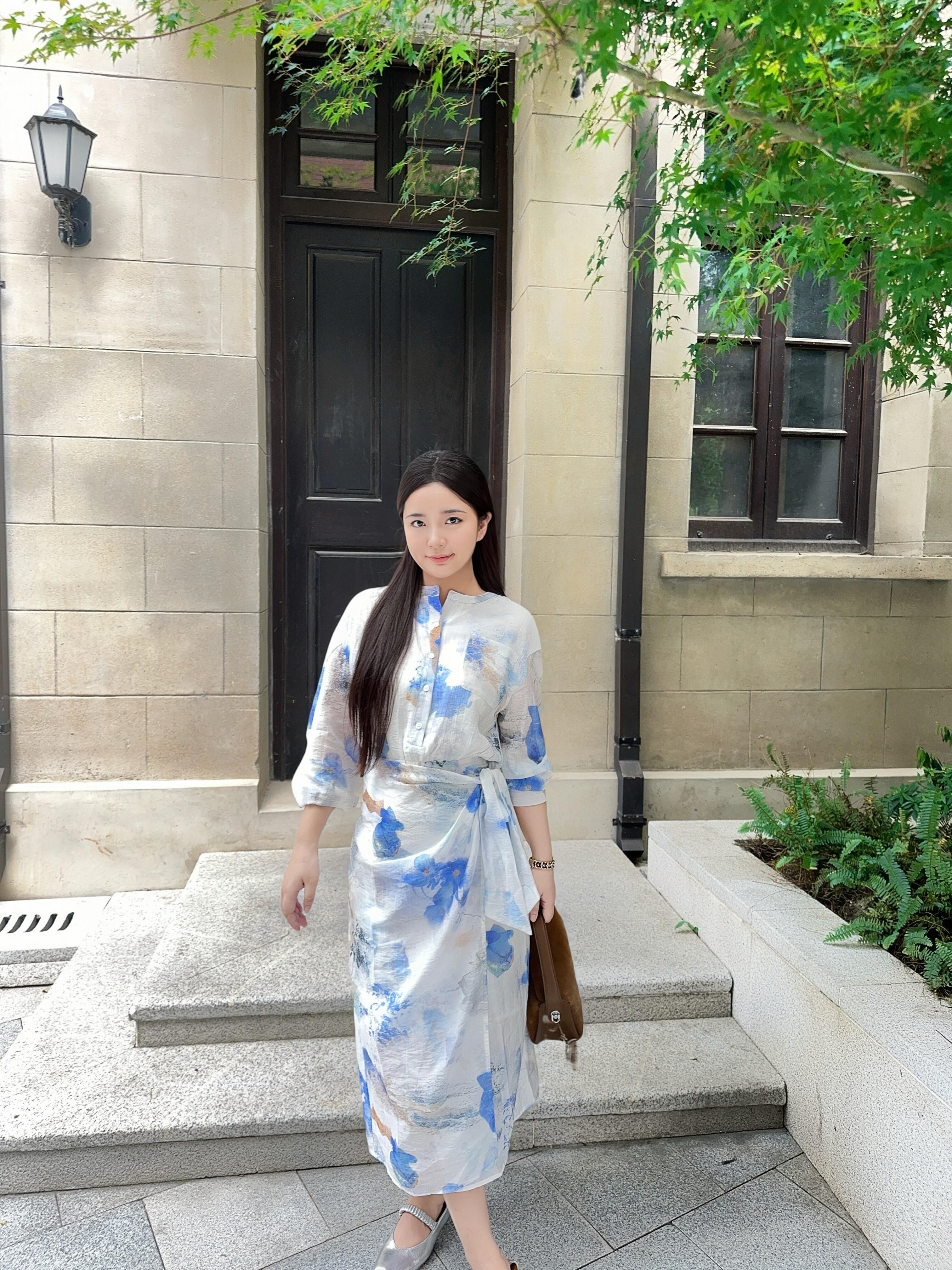 亲妈~2025秋季新款莱赛尔混纺印花连衣裙女绑带衬衫裙