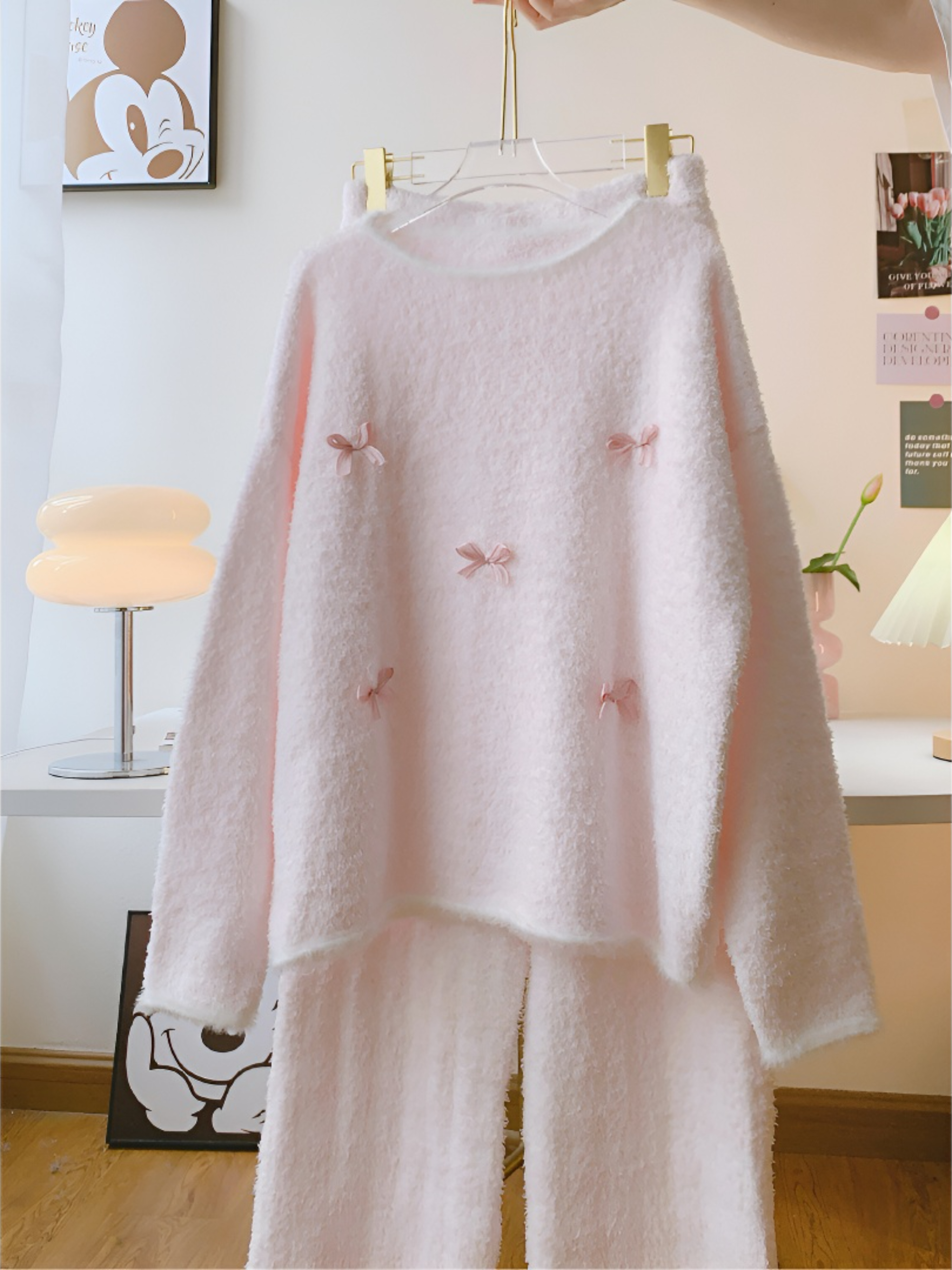 甜美少女粉蝴蝶结半边绒睡衣女2025秋冬季新款保暖加厚家居服套装