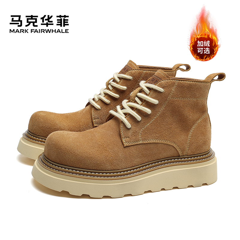 马克华菲头层牛皮马丁靴情侣冬季增高棉鞋户外加绒百搭中帮靴子商品图