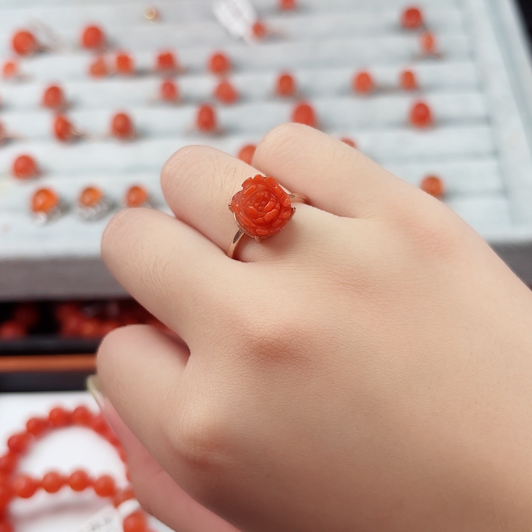 南红玛瑙花花戒指银S925镶嵌