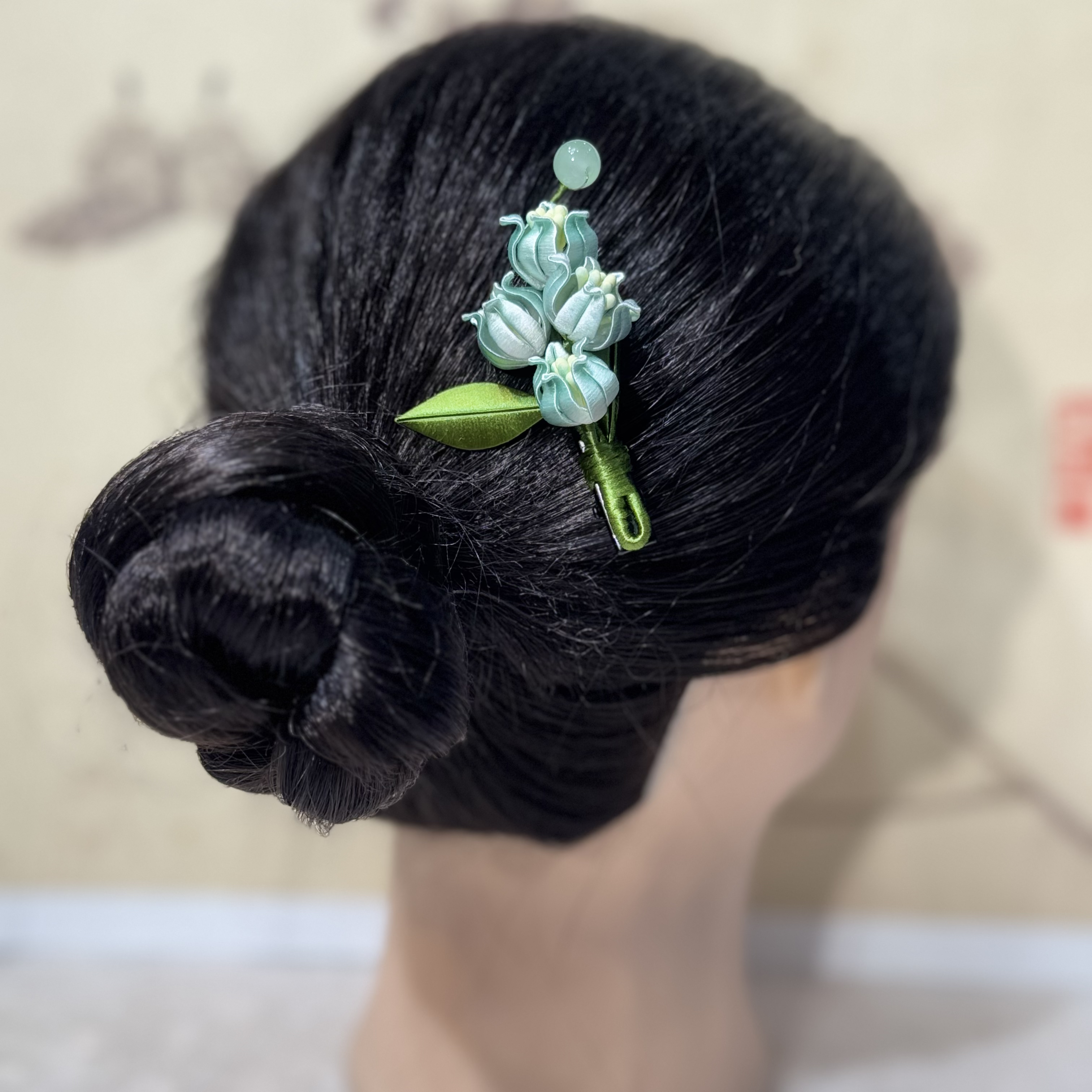 铃兰发夹 果绿色 非遗绒花工艺国风仙女百搭