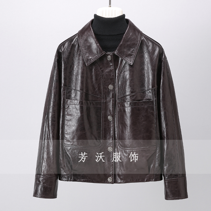 海宁高奢油蜡头层绵羊皮秋短款真皮皮衣外套女时尚皮夹克年轻时尚