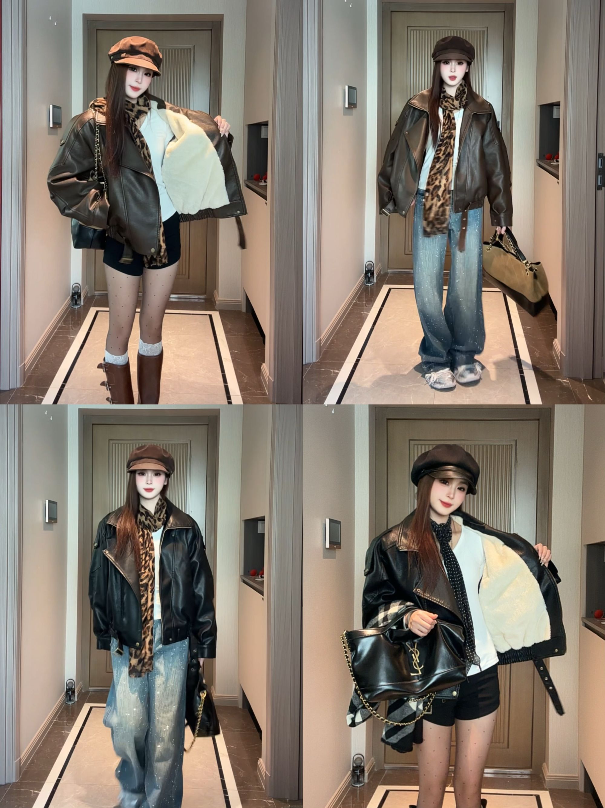 复古港风双层领男友风皮衣休闲机车服加绒加厚