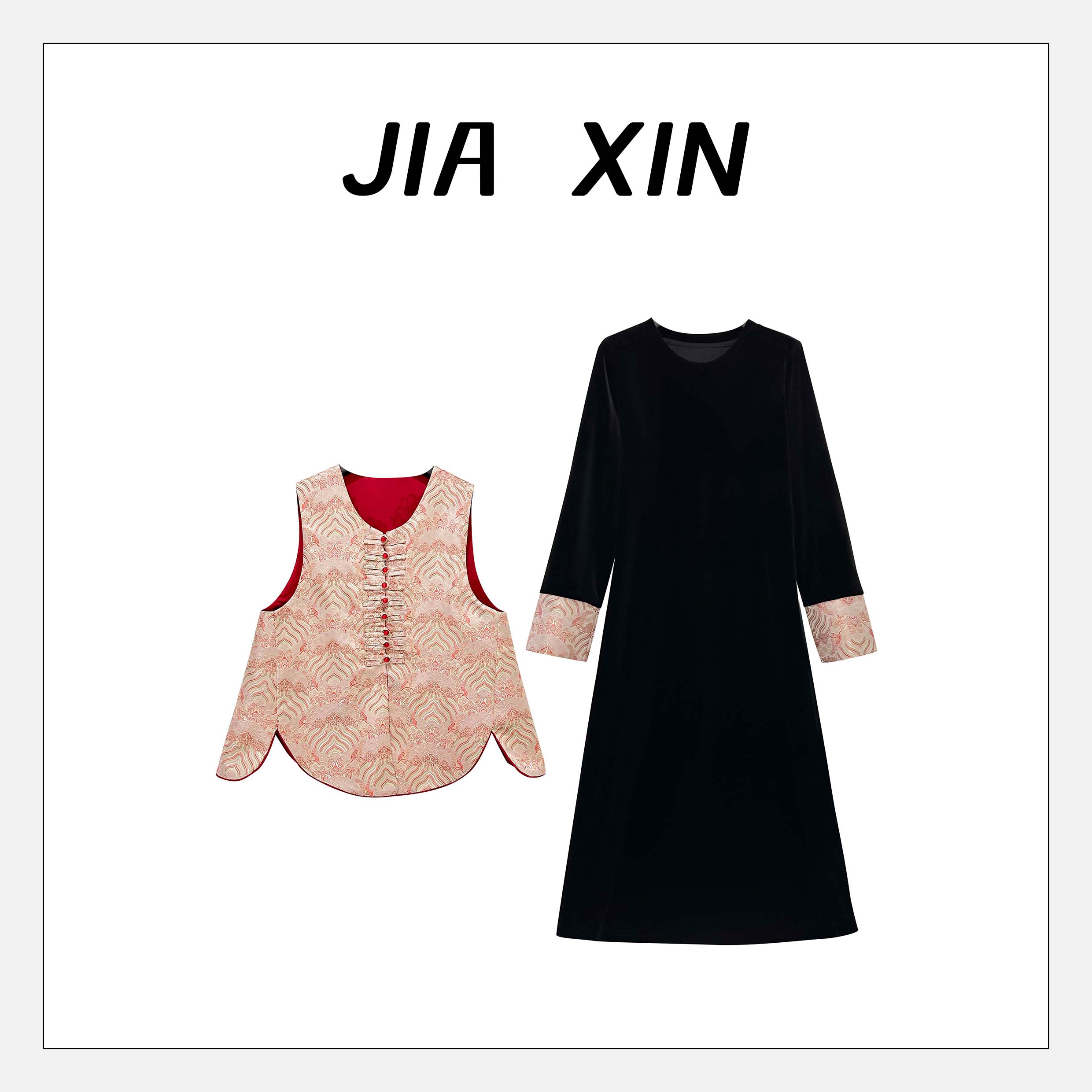 6900【夹心定制】大码国风丝绒连衣裙+祥云盘扣马甲高级两件套