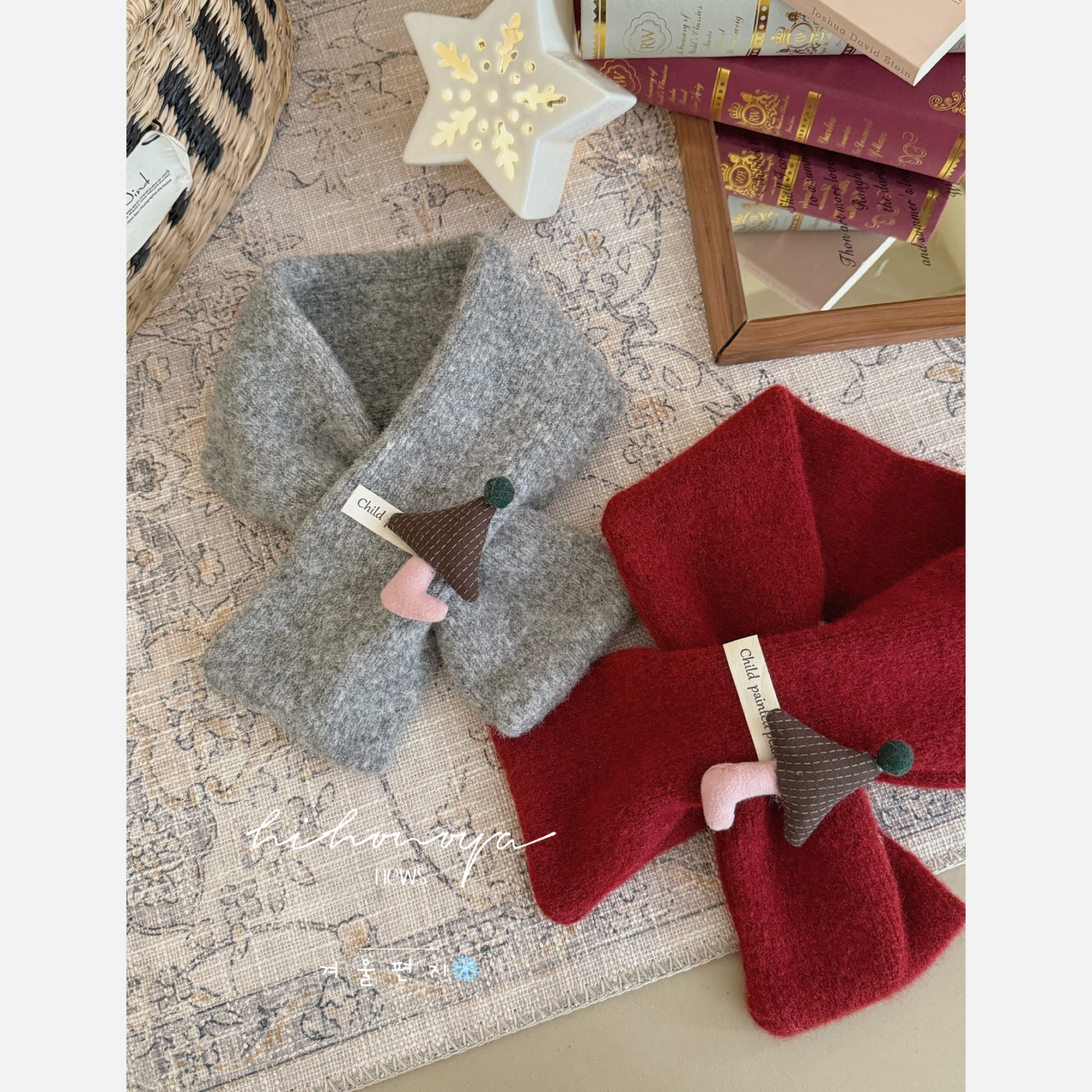 韩系儿童交叉围巾百搭卡通纯色冬季保暖围巾搭配围脖