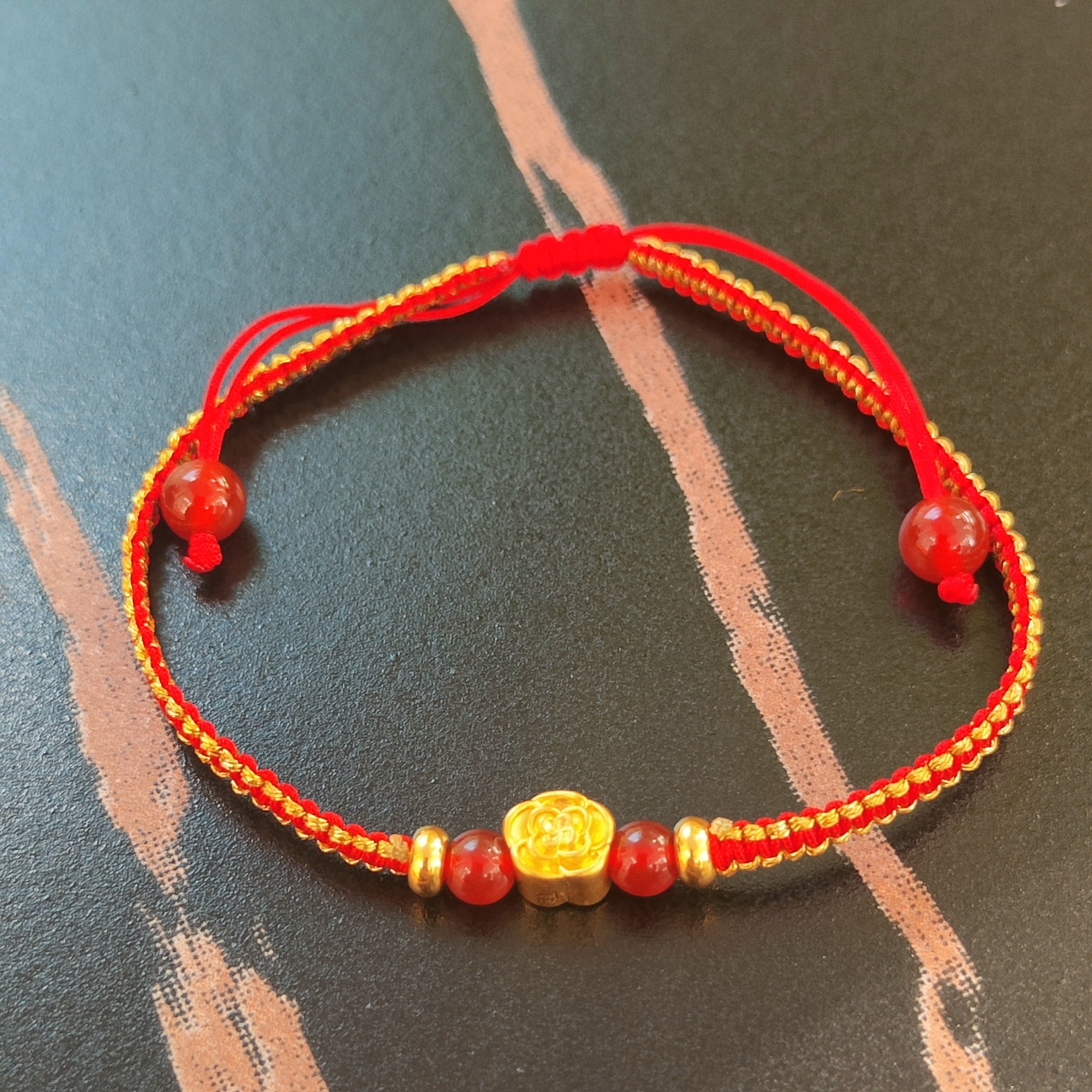 足金双面玫瑰红绳DIY手绳