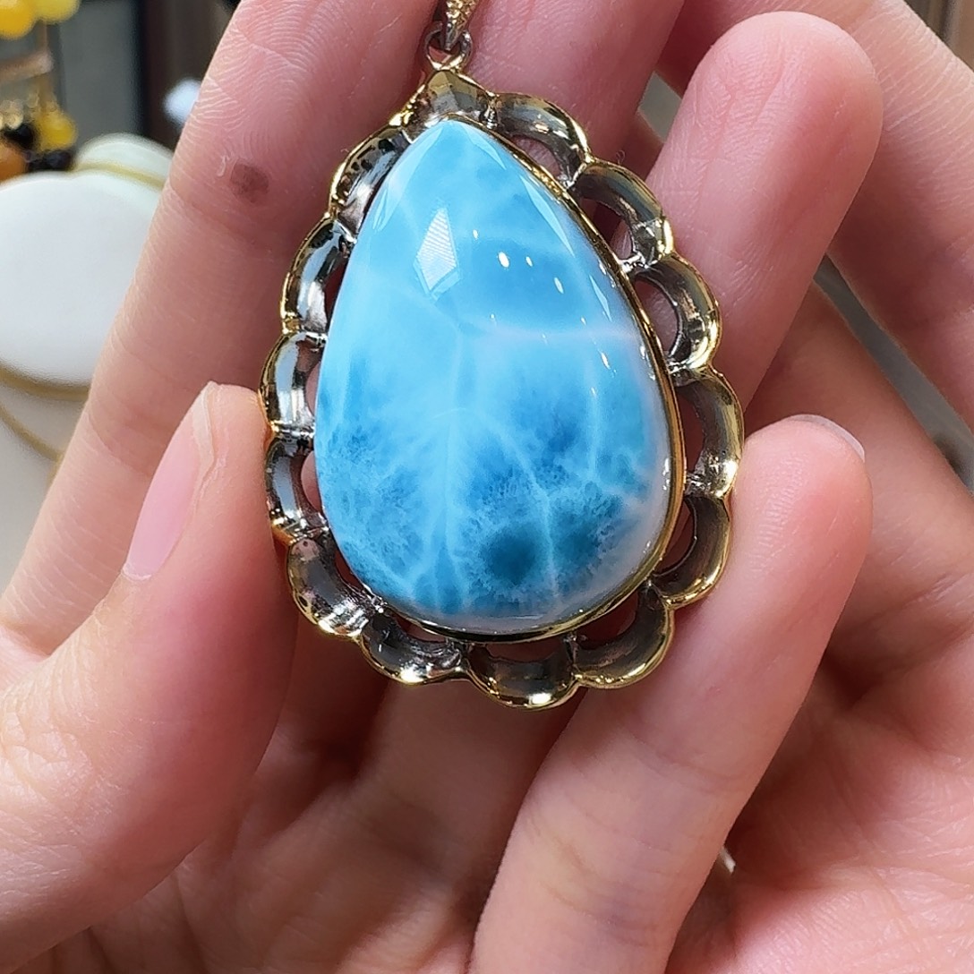 针钠钙石（海纹石）银S925镶嵌颈饰吊坠