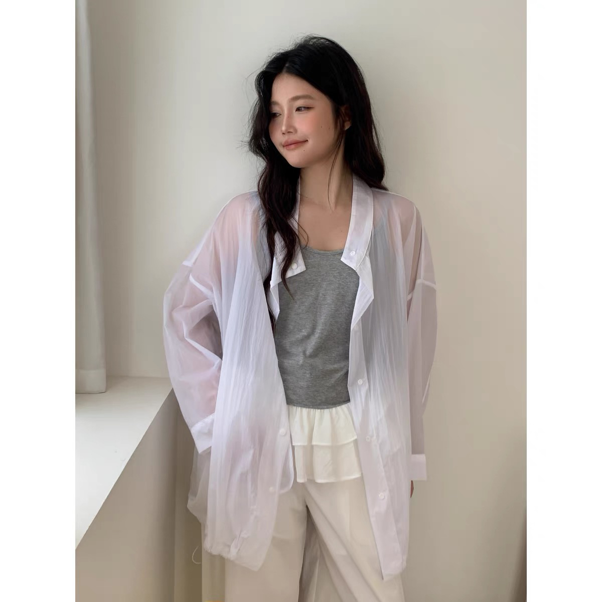 2025夏季女长款夏季防晒单排多扣防晒服斗篷款