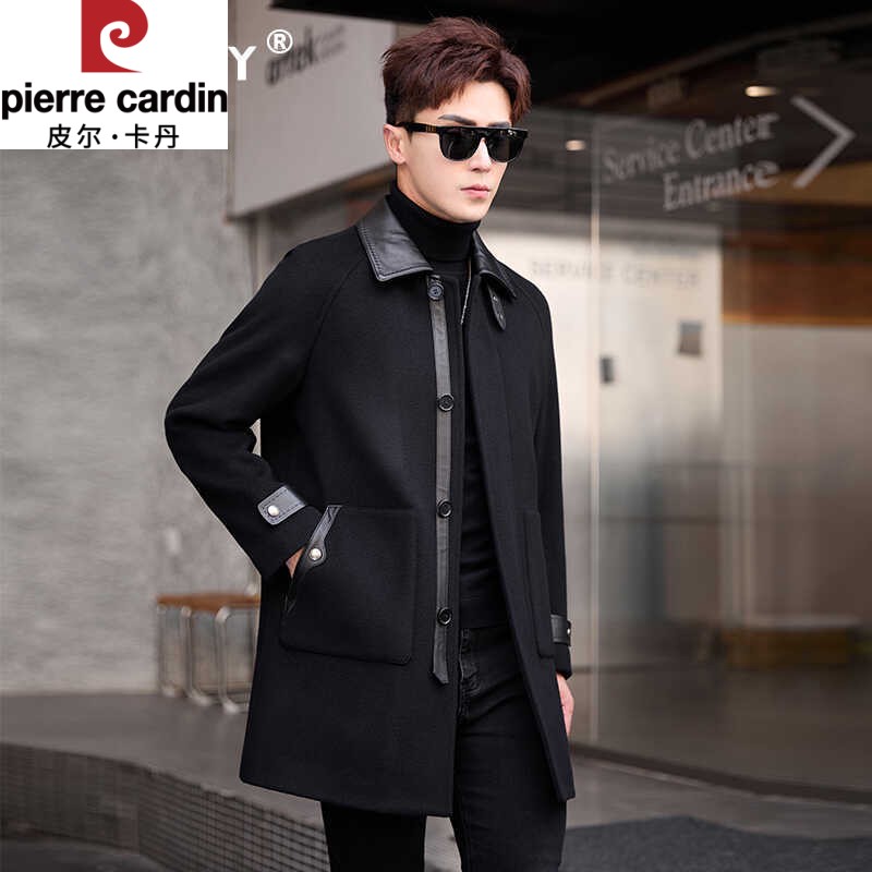 皮尔卡丹秋冬新款羊绒羊毛呢子大衣男士中长款真皮皮衣休闲气质高