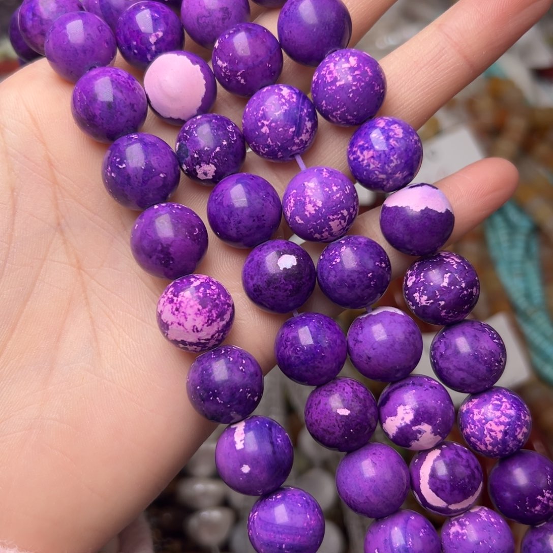 玛瑙/玉髓合金珠宝半成品L481。14mm紫丁香磨砂玛瑙圆珠一条