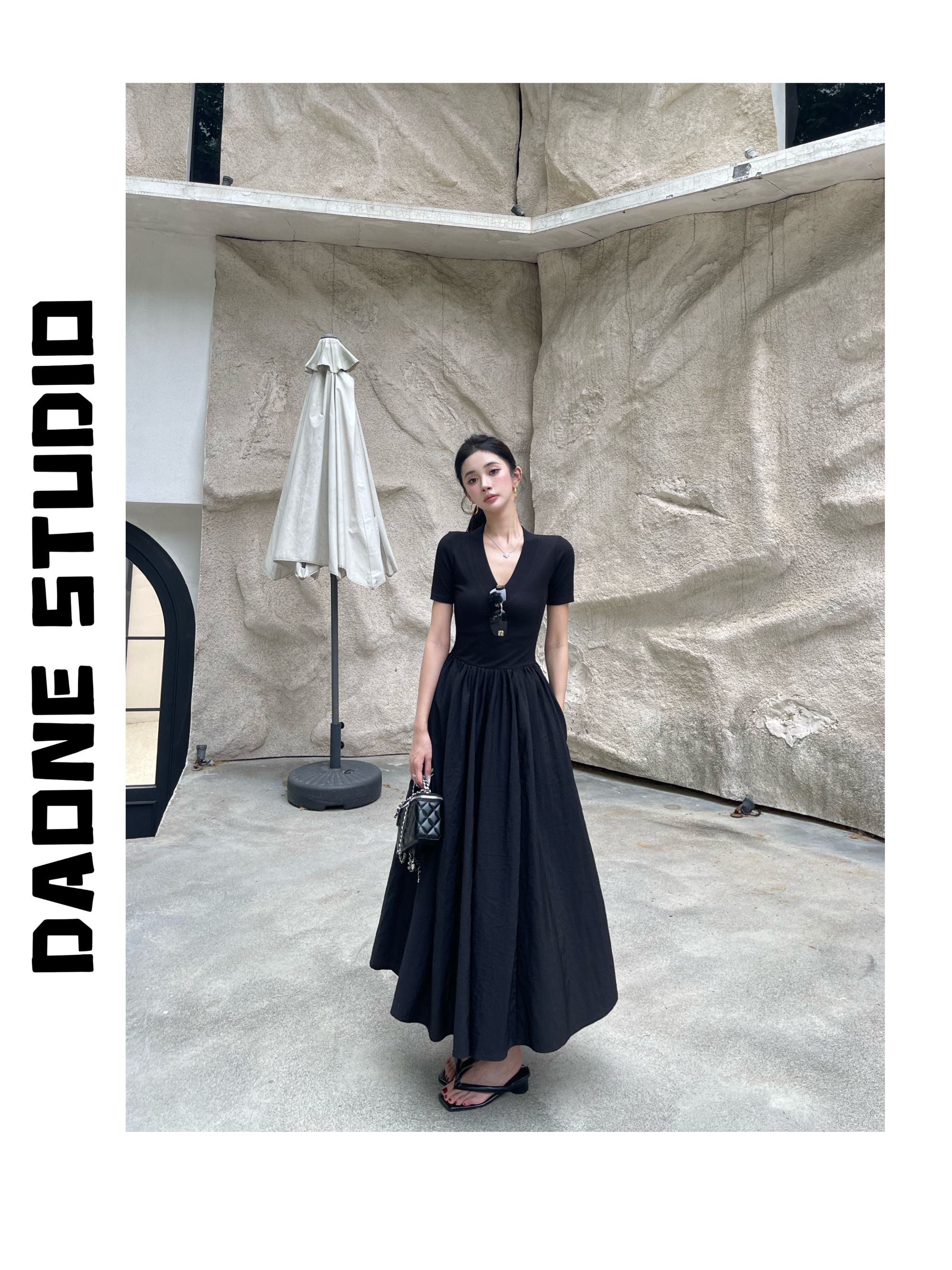 DAONE通勤慵懒风V领短袖气质拼接显瘦连衣长裙