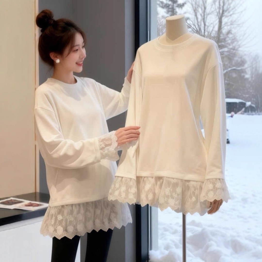 小美家【秋冬】爆款白色蕾丝拼接长袖宽松显瘦内搭针织打底衫