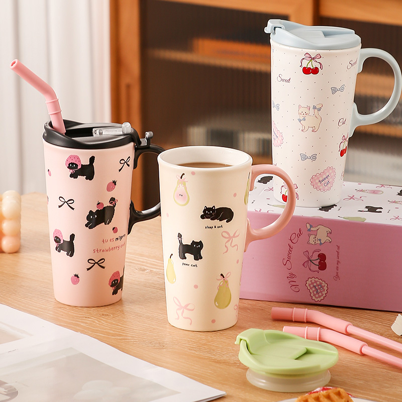 精东家大容量猫咪马克杯带吸管陶瓷杯女生高颜值实用生日礼物水杯
