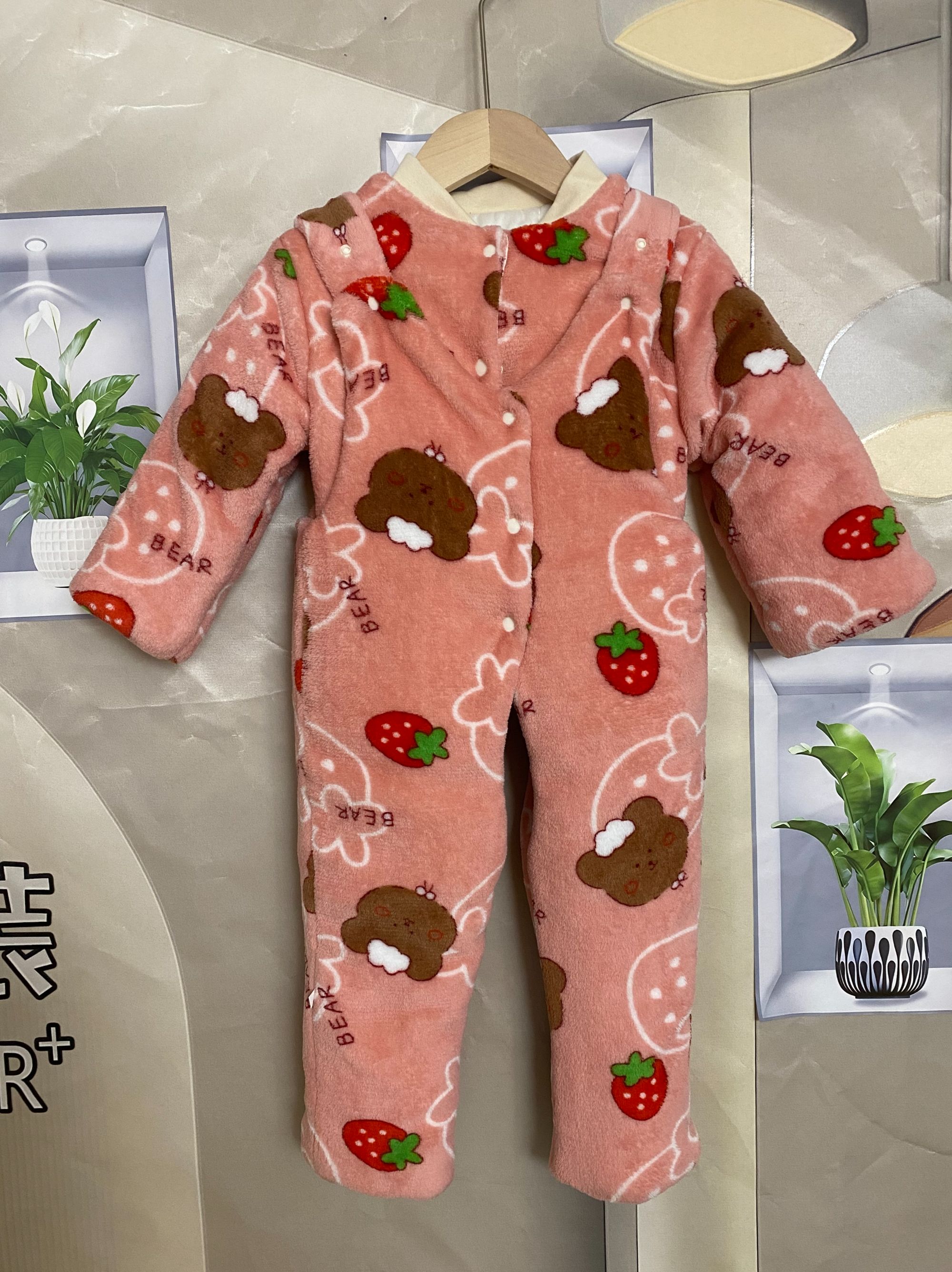 粉色双面珊瑚绒背带上下套装手工棉花衣
