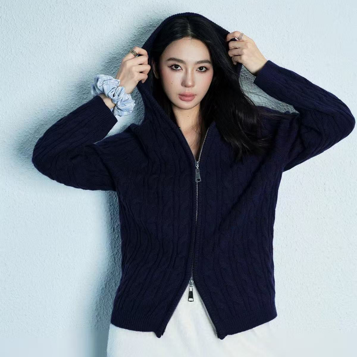 绞花宽松连帽针织衫插肩袖外套女5952