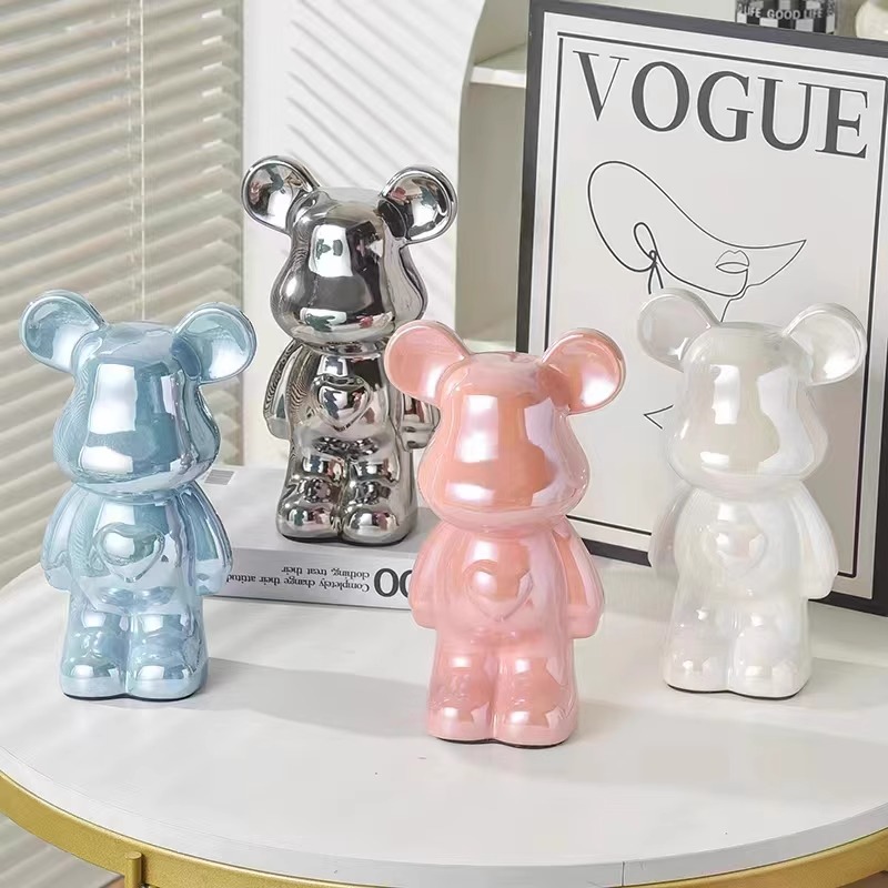 创意28CM爱心熊客厅潮玩酒柜电视柜电镀陶瓷存钱罐轻奢装饰摆件