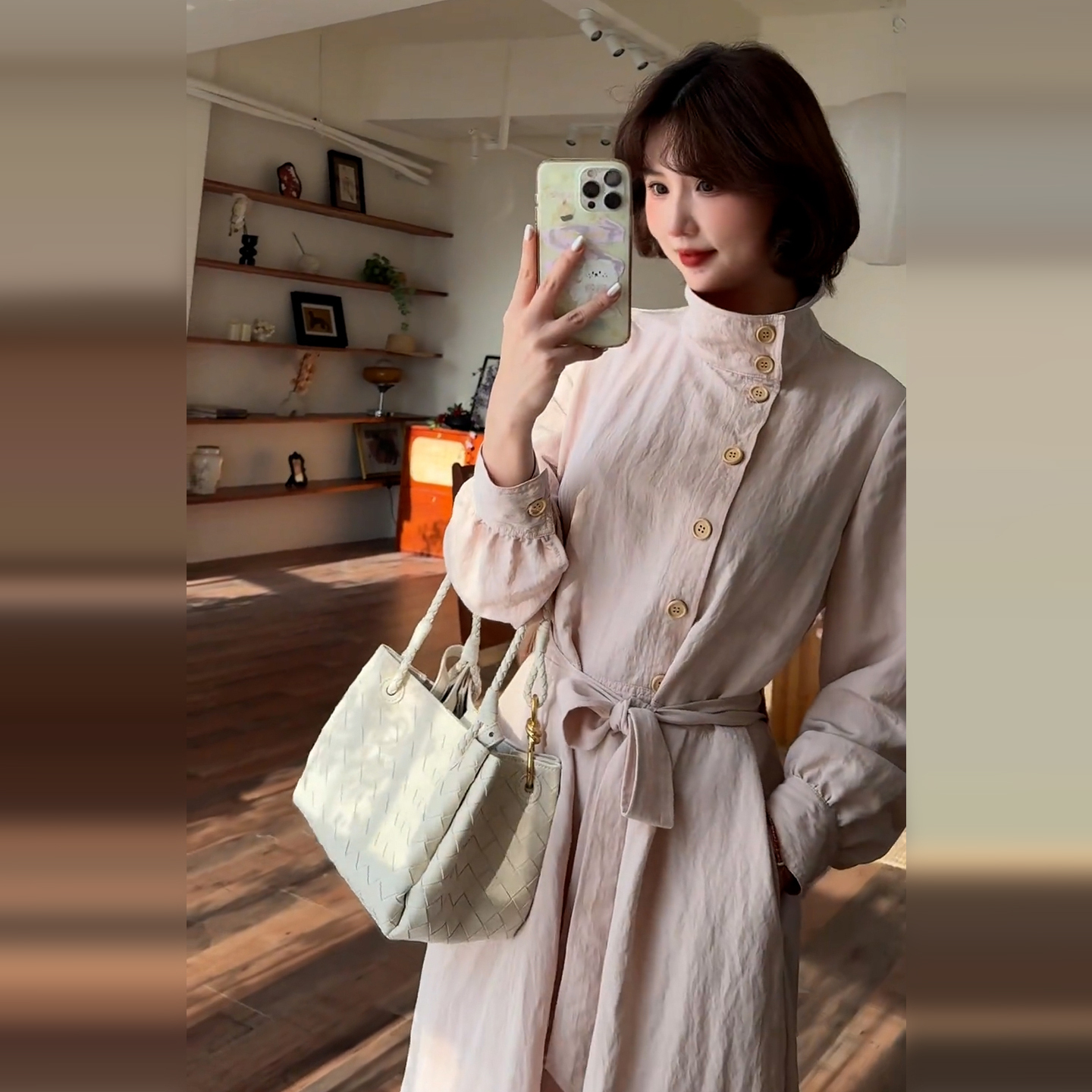 法式粉色长袖衬衫连衣裙子女早秋季2025新高级感气质掐腰长裙6604