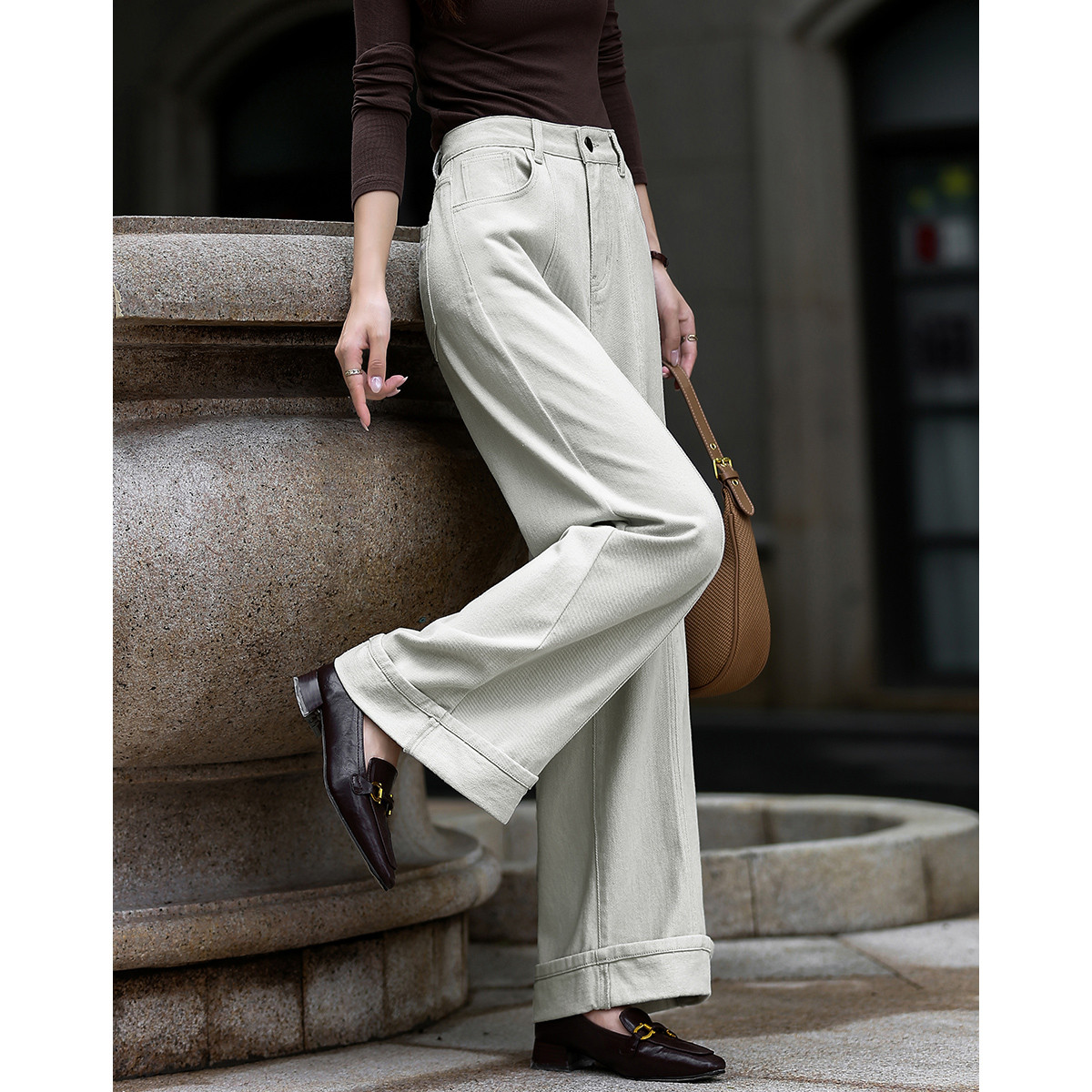 dme德·玛纳智感简约风斜纹纱卡设计感自然卷边直筒休闲裤