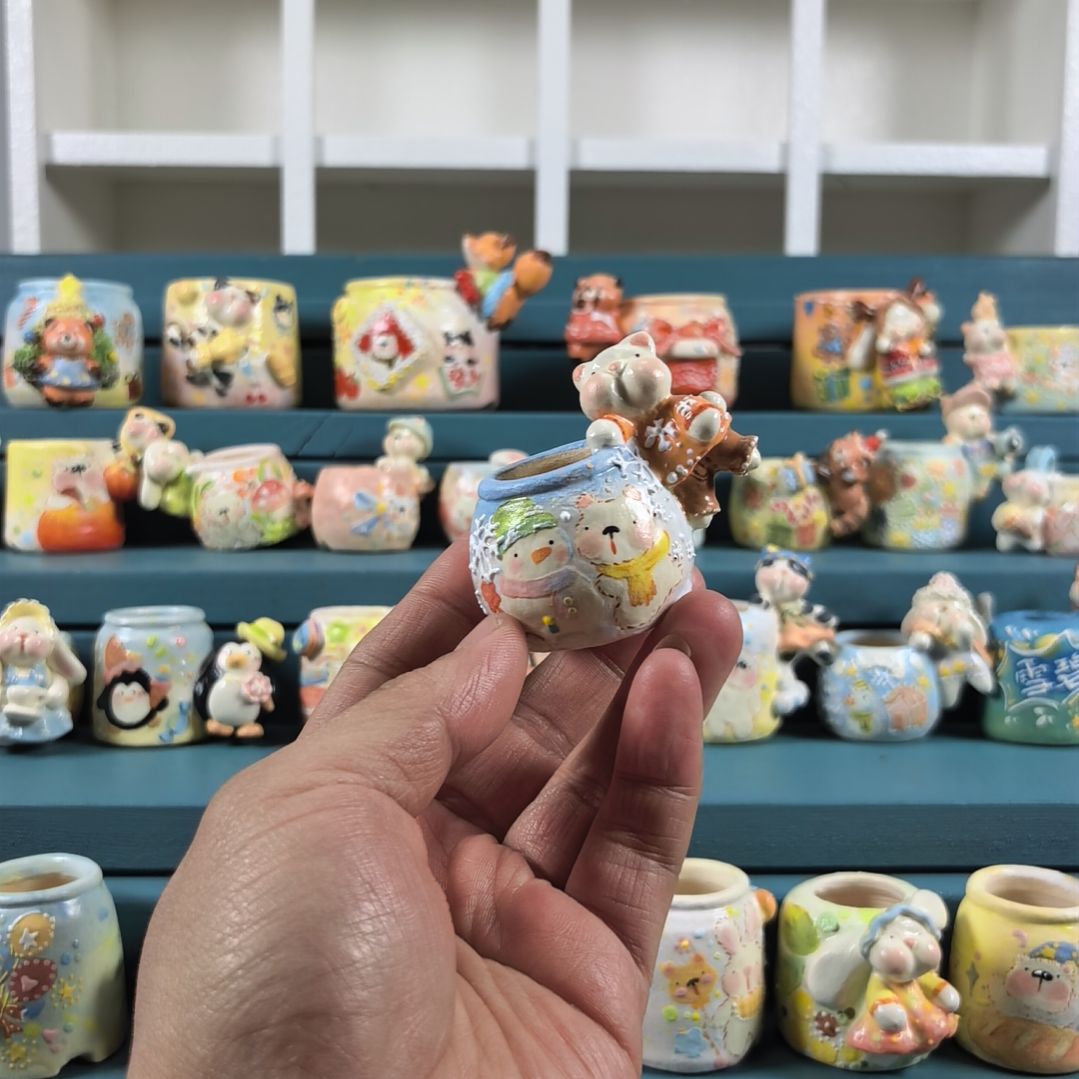 果****雪人 小猫 手绘多肉花盆