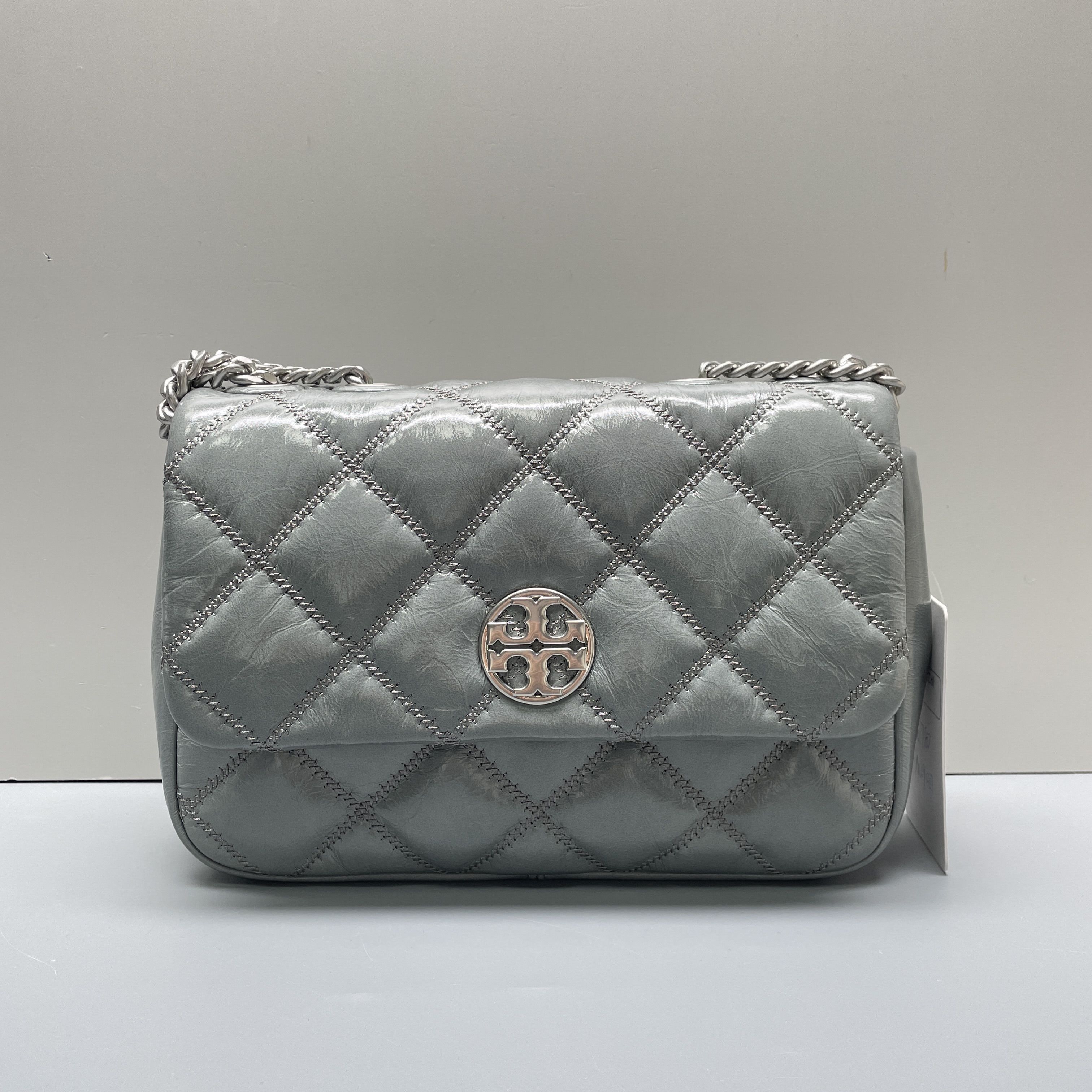 95新 TORY BURCH/汤丽柏琦 蓝灰色方胖子链条包23*16*7cmM091307