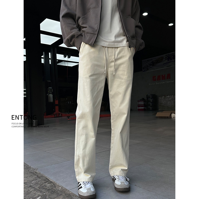Entong美式高街vibe欧若风杏色休闲裤男款松紧腰宽松大码直筒裤子