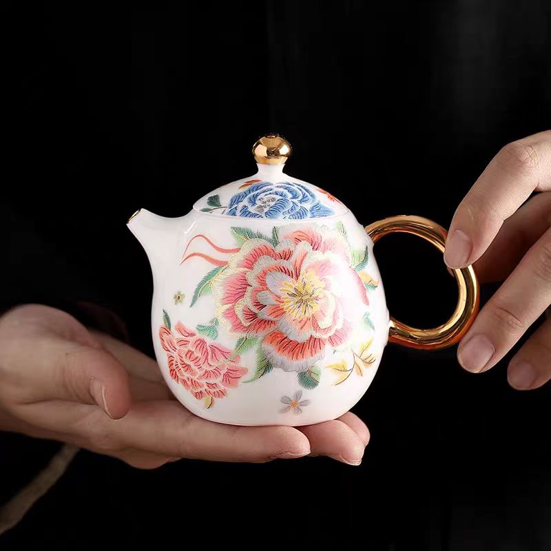 SD叁禾茶具羊脂玉龙蛋壶牡丹花茶具家用牡丹茶壶DC   004