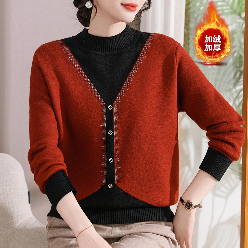 【加绒】妈妈秋冬新款假两件针织衫一体绒毛衣女气质拼色宽松上衣