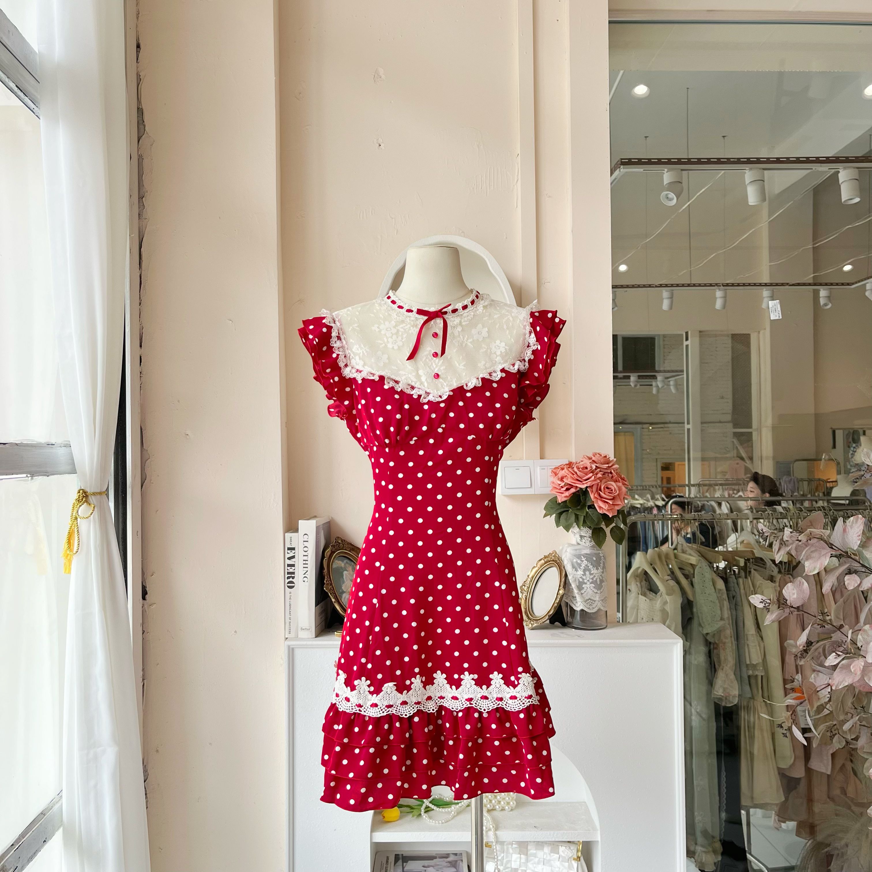 LHTE青青大码女装 夏季新款法式甜美学院波点蕾丝红色连衣裙L1386