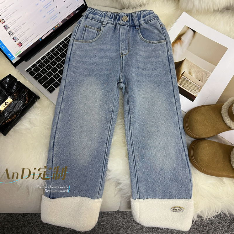 〖ANDI〗订制冬季中大童新款女童重工脚口贴标加绒牛仔裤3394